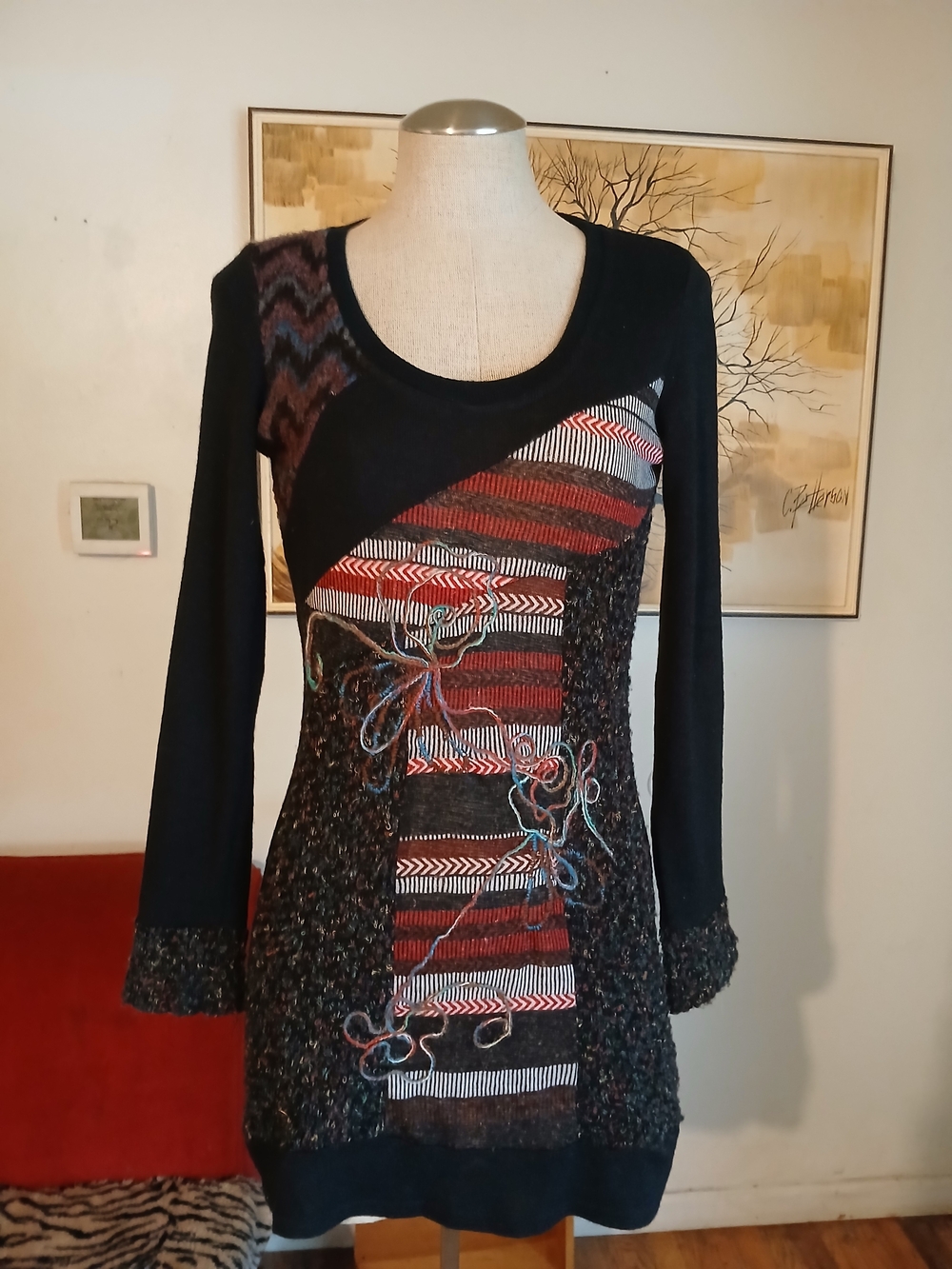Black Multicolor Patchwork Long-Sleeve Tunic Dress